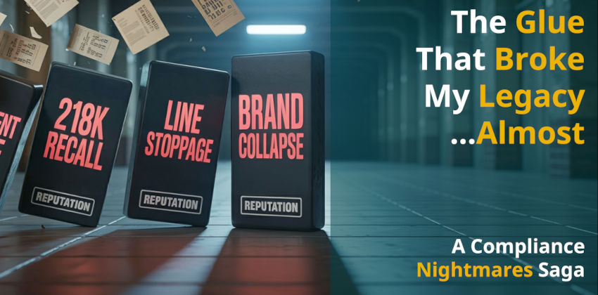 4 dominoes labelled with "Component failure", "218K recall", "Line stoppage", "Brand collapse" in an industrial area with papers flying in the background