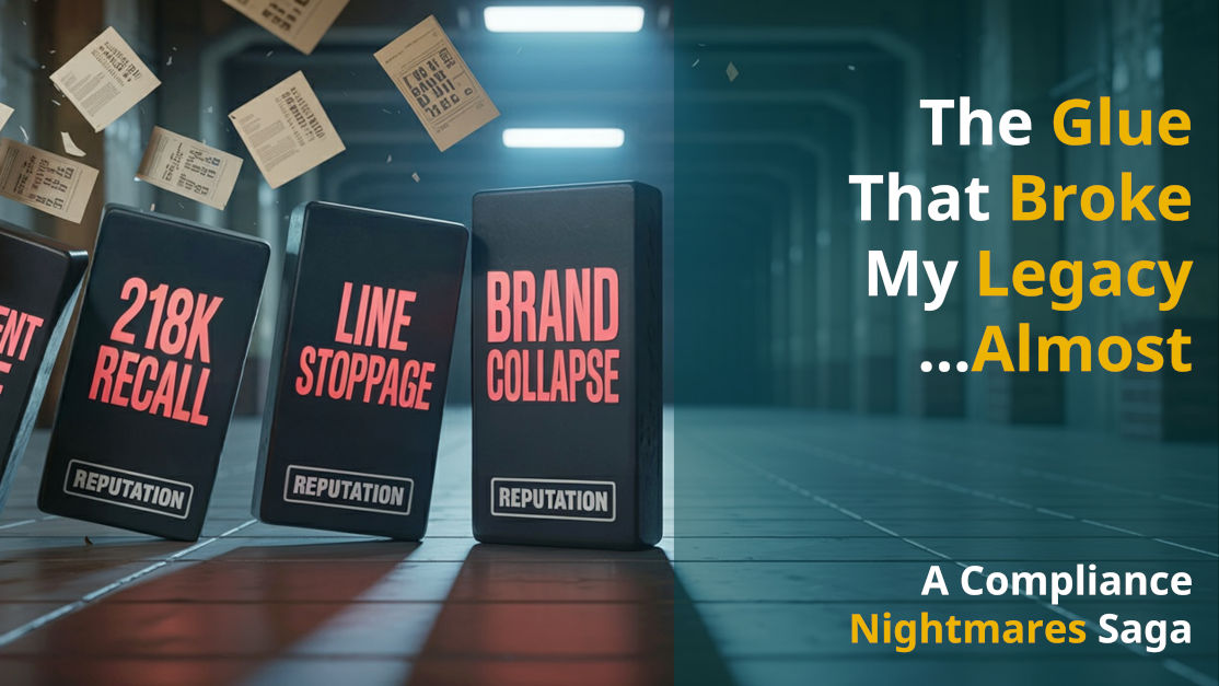 4 dominoes labelled with "Component failure", "218K recall", "Line stoppage", "Brand collapse" in an industrial area with papers flying in the background