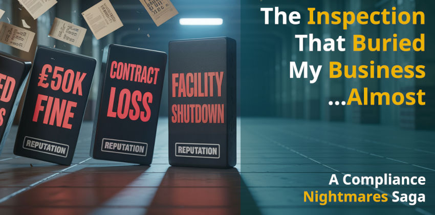 4 dominoes labelled with "Missed deadlines", "£50K fines", "Contract loss", "Facility shutdown" in an industrial area with papers flying in the background