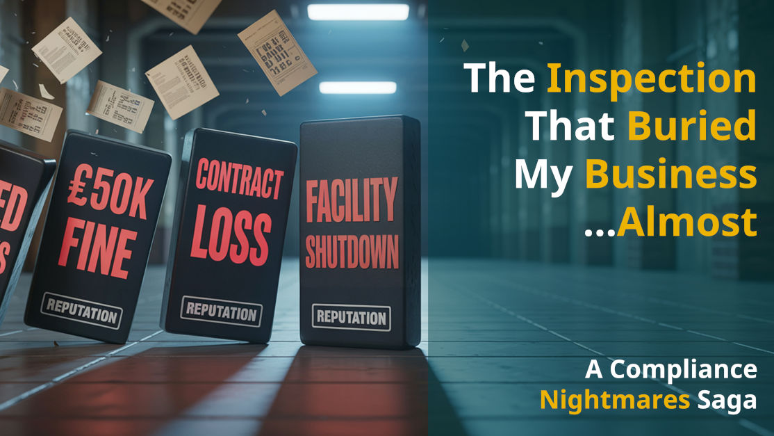4 dominoes labelled with "Missed deadlines", "£50K fines", "Contract loss", "Facility shutdown" in an industrial area with papers flying in the background