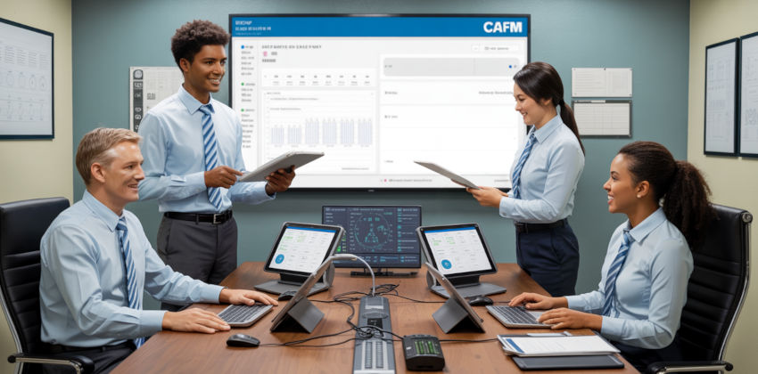 Diverse group of people working on a service delivery management system