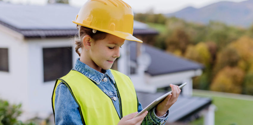Child, wearing protective gear, pretending to work on a tablet
