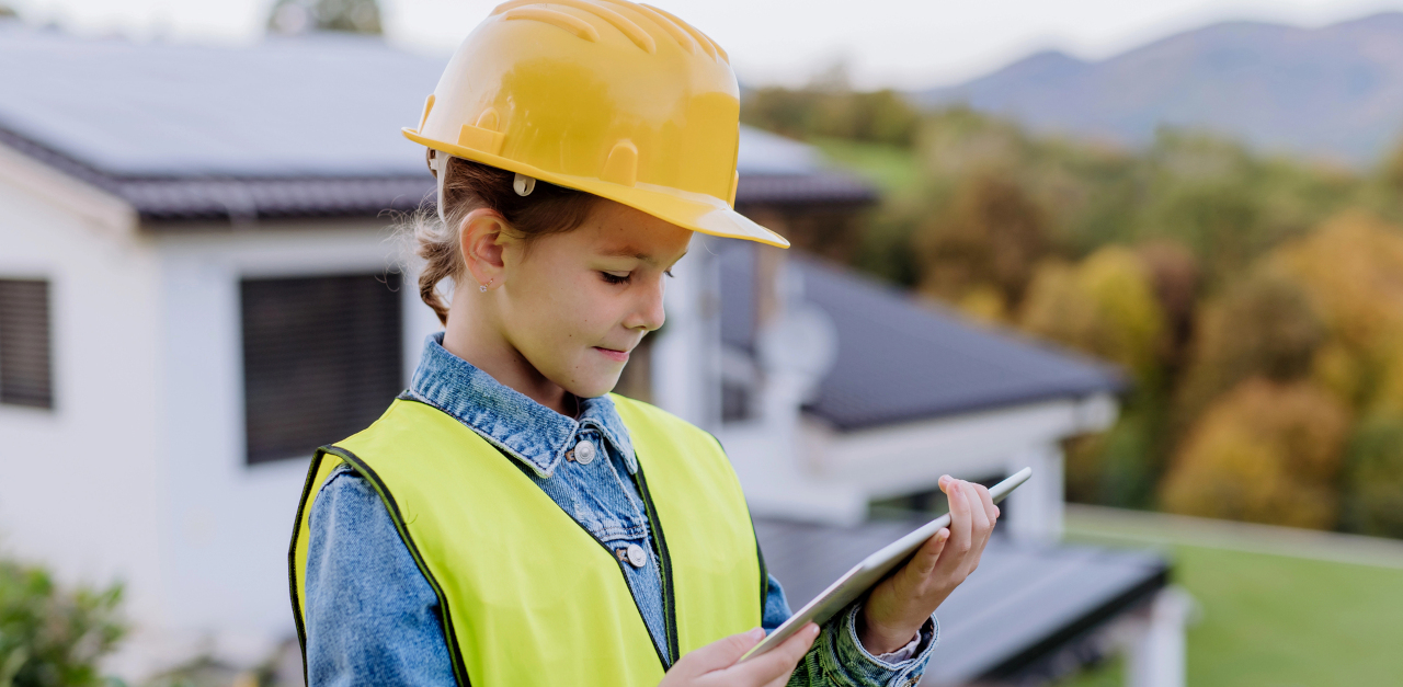 Child, wearing protective gear, pretending to work on a tablet
