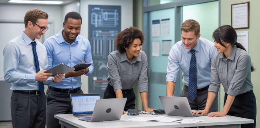 Diverse team of happy professionals reviewing equipment reference data