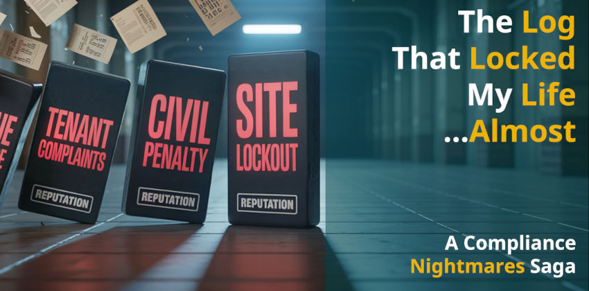 4 dominoes labelled with "Overdue maintenance", "Tenant complaints", "Civil penalty", "Site lockout" in an industrial area with papers flying in the background