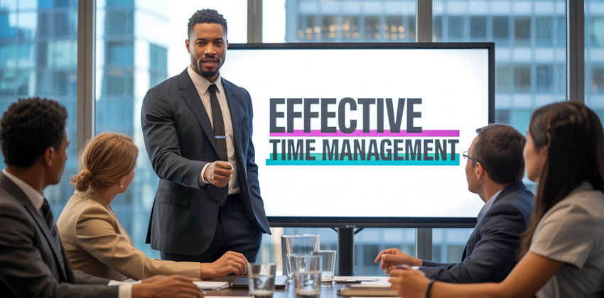 Black man giving a presentation, with the words 'Effective time management' being displayed on the slide