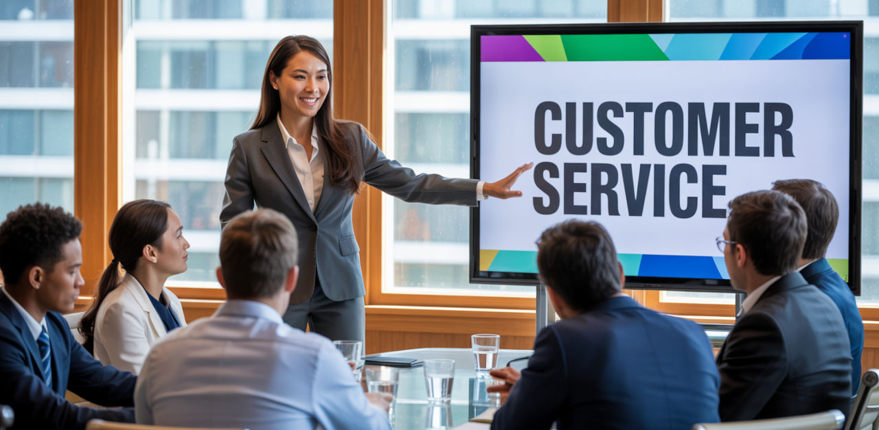 Asian woman giving a presentation, with the words 'Customer service' being displayed on the slide