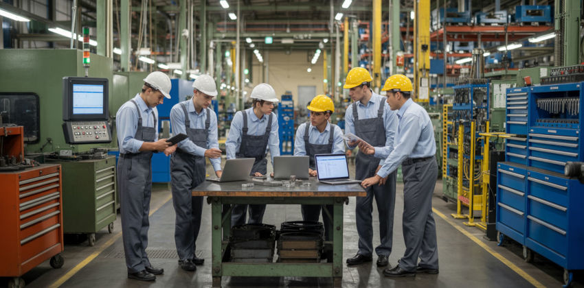 Manufacturing plant with technicians using an EAM system.