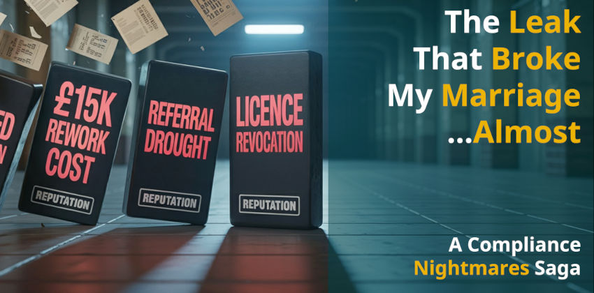 4 dominoes labelled with "Botched installation", "£15K rework cost", "Referral drought", "License revocation" in an industrial area with papers flying in the background