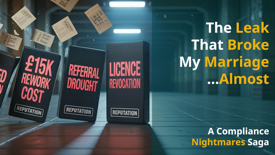 4 dominoes labelled with "Botched installation", "£15K rework cost", "Referral drought", "License revocation" in an industrial area with papers flying in the background