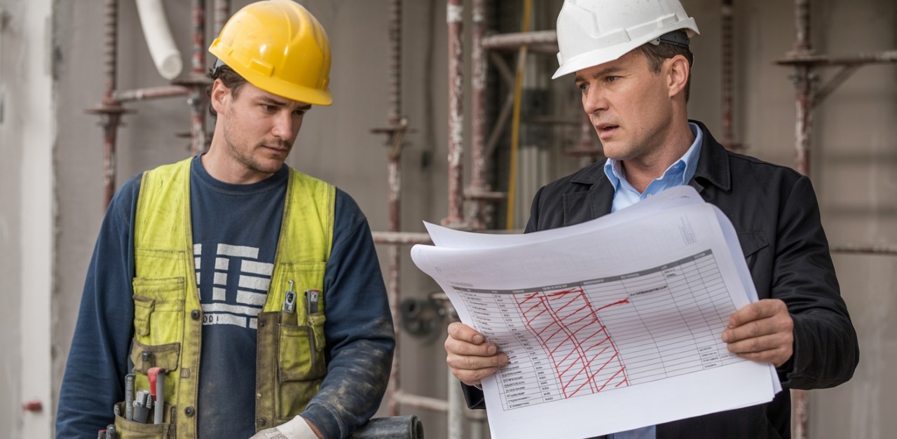 A trades worker on a construction site speaking with a manager
