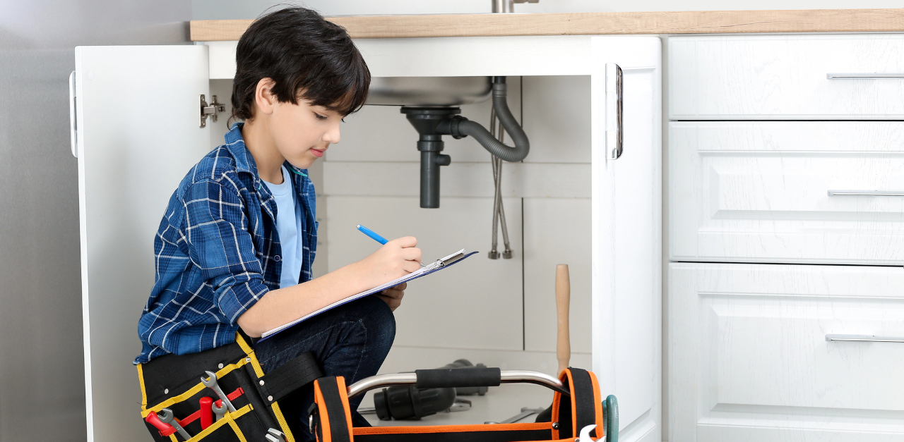 Child pretending to work as a plumber