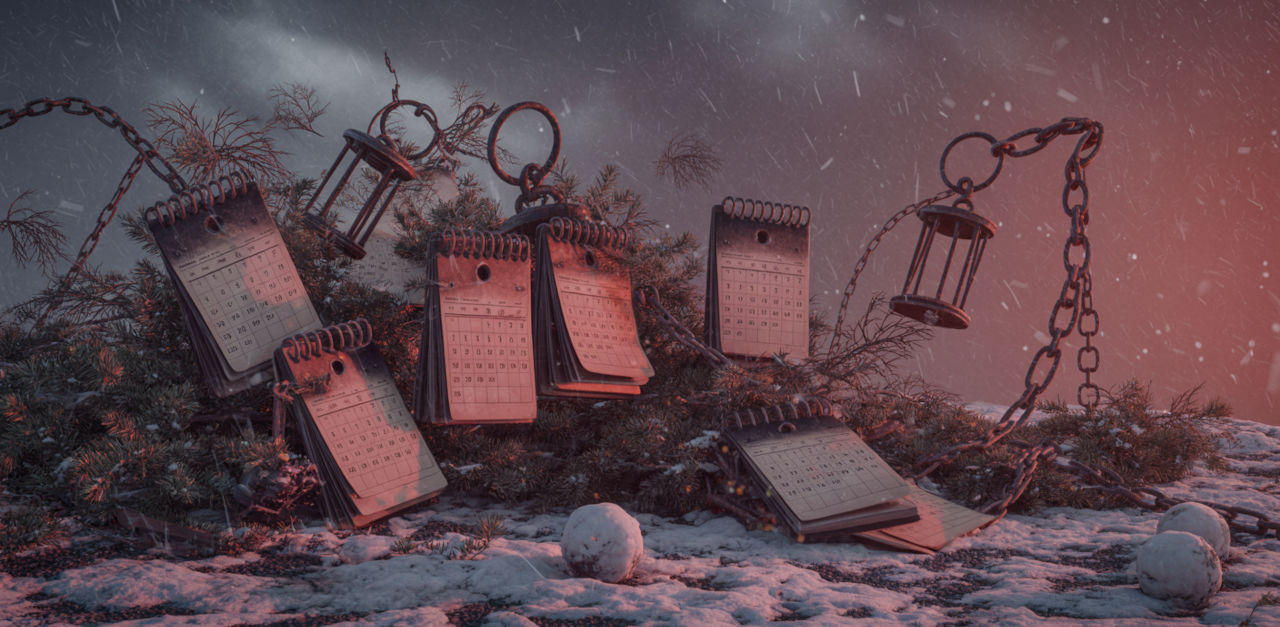 Present sitting on a wooden table, next to holiday decorations