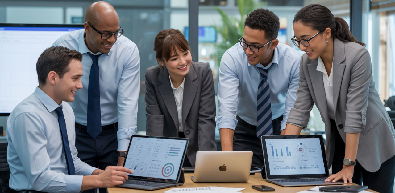 Diverse team of smiling professionals looking at servicie metrics