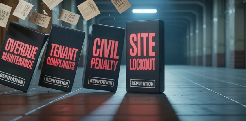 Falling dominoes labelled overdue maintenance, tenant complaints, civil penalty and site lockout in an industrial setting