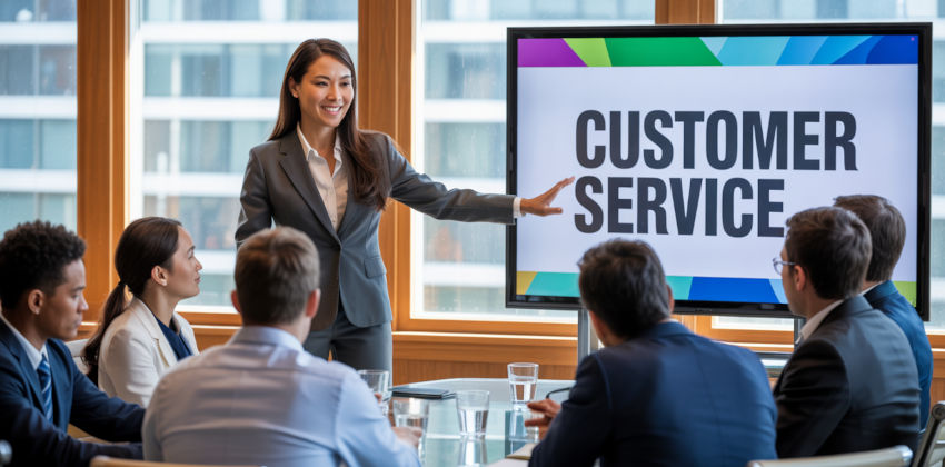 Asian woman giving a presentation, with the words 'Customer service' being displayed on the slide