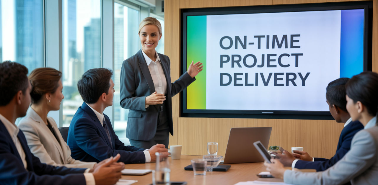 White woman giving a presentation, with the words 'On-time Project Delivery' being displayed on the slide