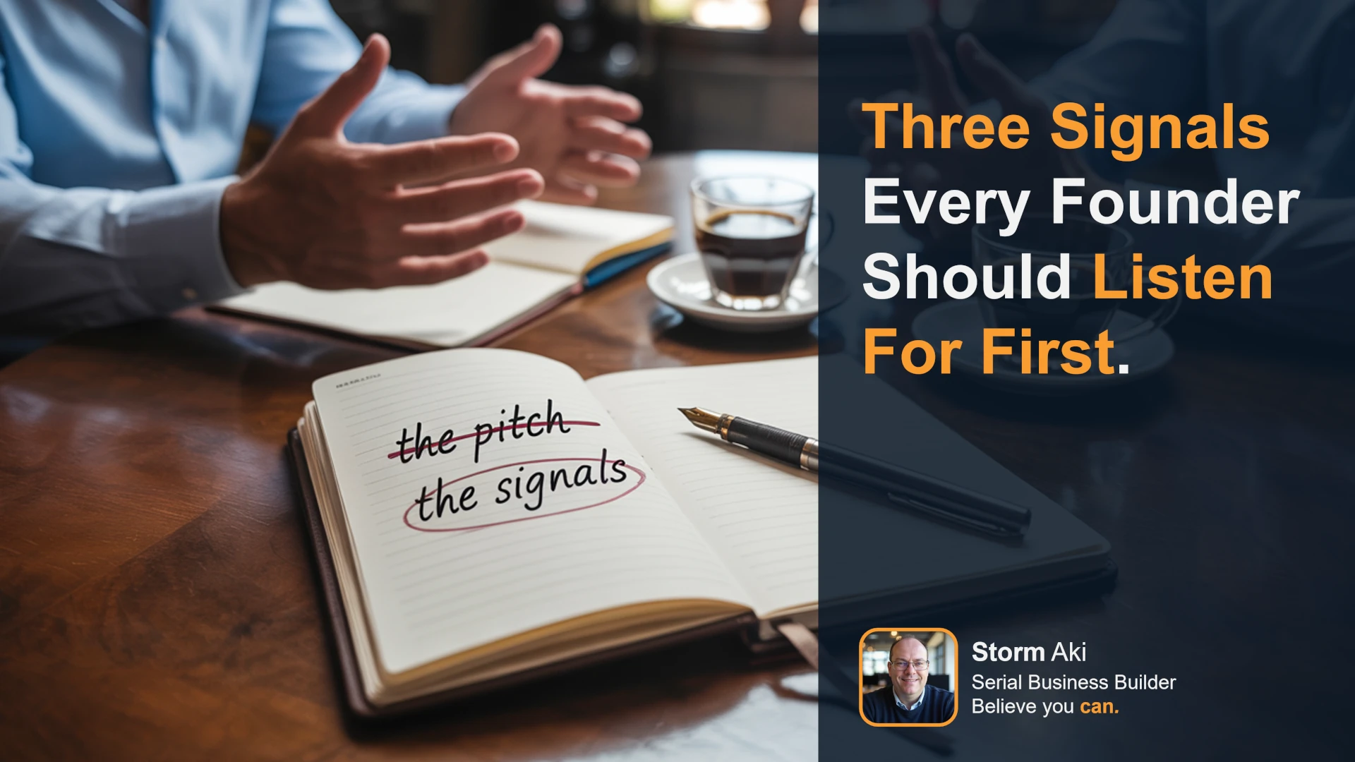 Two founders at a coffee table, with a notebook, striking out the phrase 