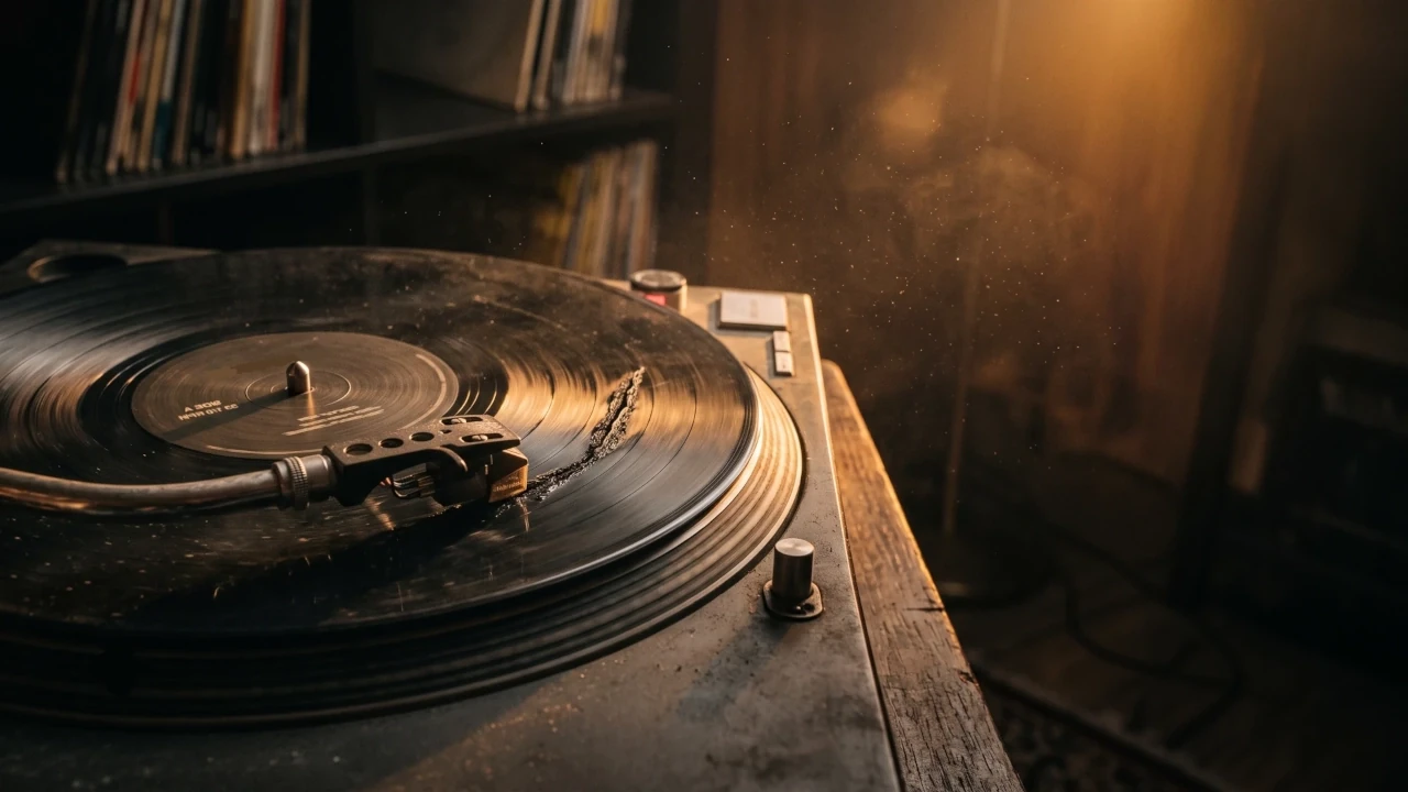 Dusty vinyl record spinning on a vintage turntable as golden light catches years of wear and a collection waits on the shelf behind it